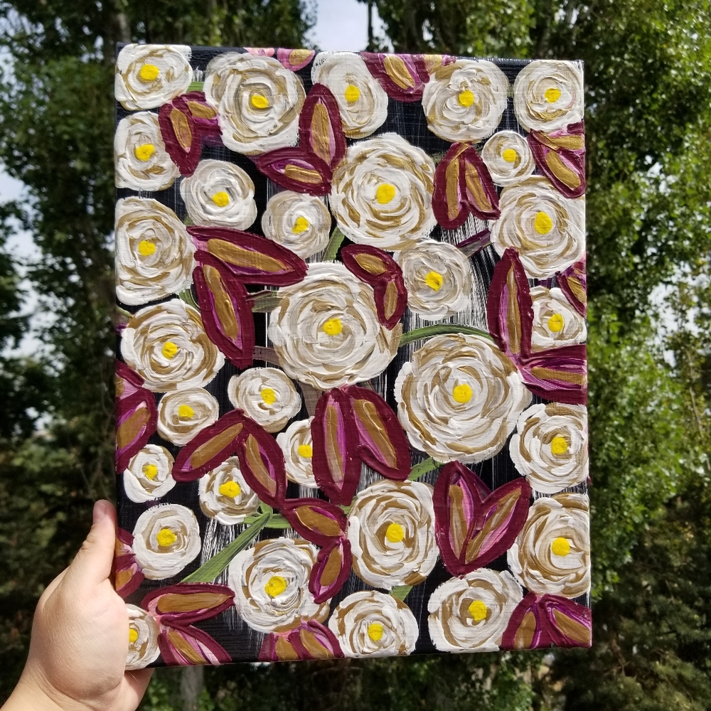 🆕️Chic White Floral Original Acrylic Painting abstract garden art neutral decor